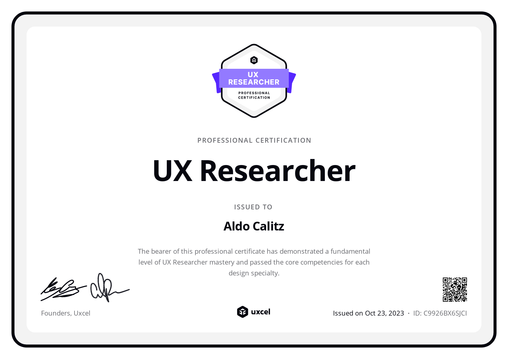 Aldo Calitz's certificate